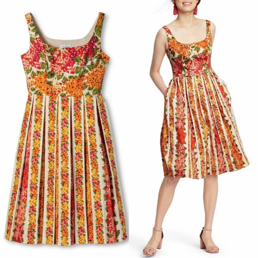 NWT Isaac Mizrahi Orange Red Pink Floral Pleated Dress Size 4
